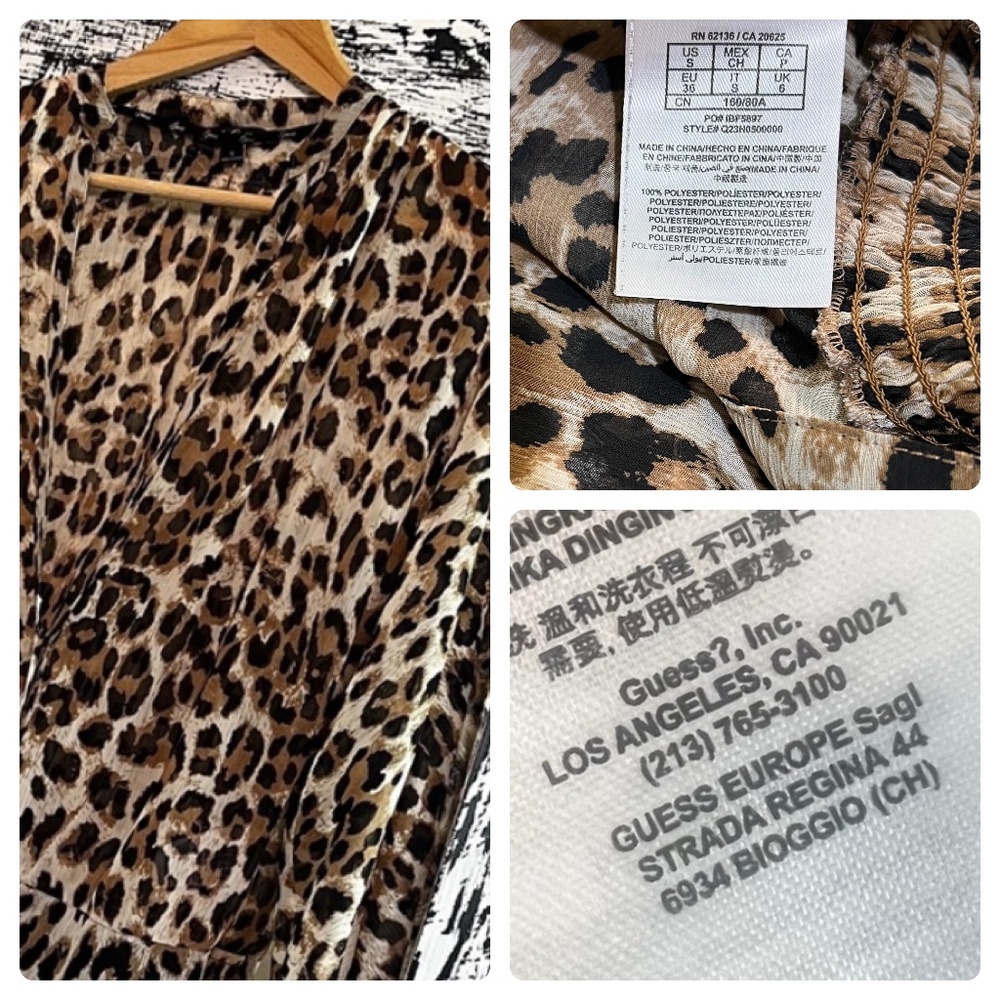 EUC [Guess] Sheer Leopard Top | Smocked Button Down Shirt Cheetah Blouse | Small - Picture 12 of 14